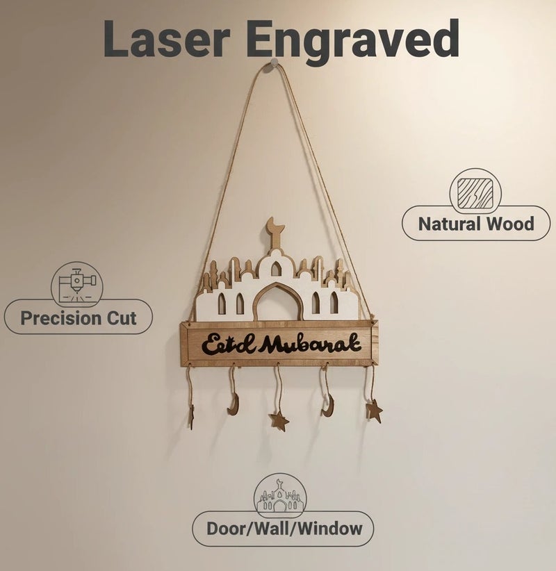 زينة جدارية خشبية معلقة على شكل مسجد بمناسبة رمضان وعيد الفطر، بتصميم عربي أنيق مزين بزخارف القمر والنجوم، مثالية لتزيين غرفة المعيشة أو المدخل أو المنزل في رمضان أو العيد. - Image 5